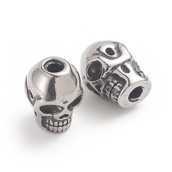 Halloween 304 Stainless Steel Beads, Skull Head, Antique Silver, 11.2x8x9mm, Hole: 2mm