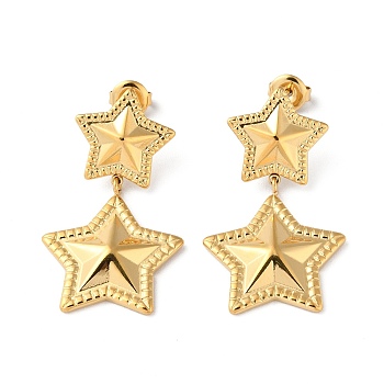 304 Stainless Steel Dangle Stud Earrings, Star, Real 14K Gold Plated, 37x21.5mm
