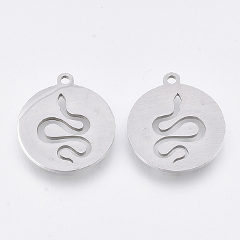 201 Stainless Steel Pendants, Laser Cut Pendants, Flat Round with Snake, Stainless Steel Color, 17x15x1mm, Hole: 1.4mm