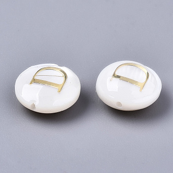 Natural Freshwater Shell Beads, with Golden Plated Brass Etched Metal Embellishments, Flat Round, Seashell Color, Letter.D, 8x3~5mm, Hole: 0.5~07mm