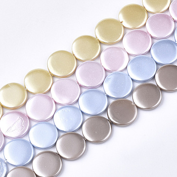 Spray Paint Freshwater Shell Beads Strands, Pearlized Style, Flat Round, Mixed Color, 16x3~4mm, Hole: 1mm, 25pcs/strand, 15.7 inch