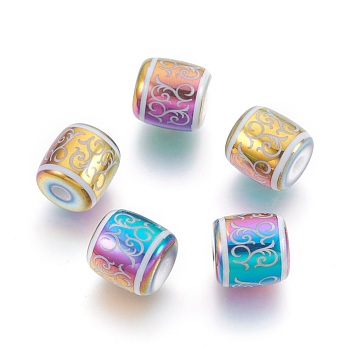 Electroplate Glass Beads, Barrel with Vine Pattern, Multi-color Plated, 12x11.5mm, Hole: 3mm, 100pcs/bag
