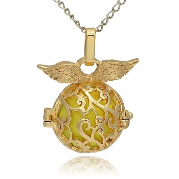 Golden Tone Brass Hollow Round Cage Pendants, with No Hole Spray Painted Brass Ball Beads, Champagne Yellow, 26x26x19mm, Hole: 3x8mm