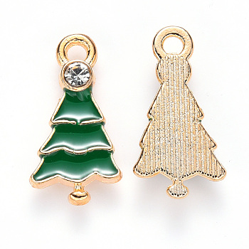 Alloy Enamel Pendants, with Crystal Rhinestone, for Christmas, Christmas Tree, Light Gold, Green, 21x11x3mm, Hole: 1.8mm