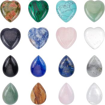 16Pcs 16 Style Gemstone Cabochons, Teardrop & Heart, 25x18~23x7~7.5mm, 1pc/style