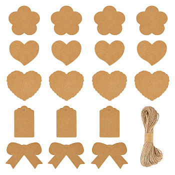 150Pcs 5 Styles Mixed Shapes Kraft Paper Gift Tags, with 1 Bundle Jute Cord, BurlyWood, 4~5.35x3~6.5x0.05cm, Hole: 2.5~5mm, 30pcs/style