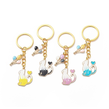 Cute Enamel Cat Pendant Keychain, Hot Air Balloon Charms, for Car Key, Purse, Backpack Ornament, Mixed Color, 8.1cm, 4pcs/set