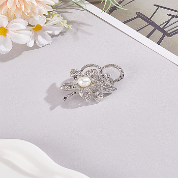 1Pc Flower Zinc Alloy Rhinestone Brooches, with Plastic Imitation Pearl , Platinum, 54x39mm