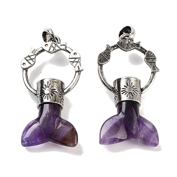 Natural Amethyst Whale Tail Big Pendants, Rack Plating Antique Silver Plated Alloy Fish Ring Charms, Cadmium Free & Lead Free, 56~57x29x12.5~13mm, Hole: 6.5x6mm