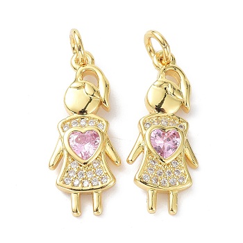 Brass Pink Cubic Zirconia Pendant, with Jump Rings, Long-Lasting Plated, Lead Free & Cadmium Free, Children, Real 18K Gold Plated, 22x9x2.5mm, Hole: 3.4mm