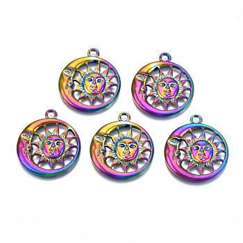 Rainbow Color Alloy Pendants, Cadmium Free & Lead Free, Moon with Star, 29x25.5x2.5mm, Hole: 2mm