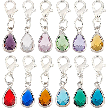 12Pcs 12 Colors Teardrop Faceted Glass Pendants Decoration, with Zinc Alloy Lobster Claw Clasps, Mixed Color, 30mm, 1pc/color