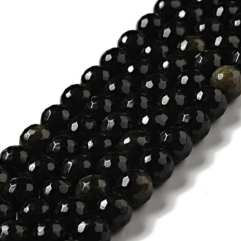 Natural Golden Sheen Obsidian Beads Strands, Round, Faceted, 10mm, Hole: 1.2~1.4mm, about 37~38pcs/strand, 14.25''~14.76''(36.2~37.5cm)
