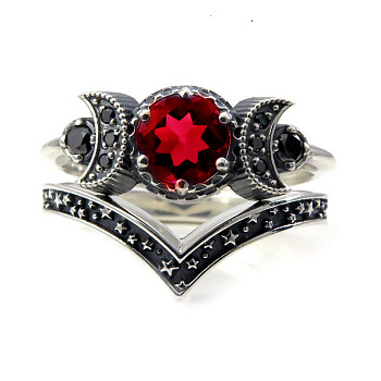 Gothic Purple Crystal Ring with Triple Moon Goddess - Black Diamond Jewelry for Women, Red, No. 7