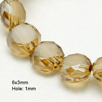 Electroplate Glass Beads, Half Plated, Faceted, Frosted, Flat Round, Dark Goldenrod, 6x3mm