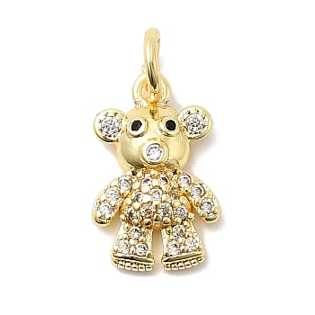 Brass Micro Pave Cubic Zirconia Charms, Bear, Long-Lasting Plated, Rack Plating, with Jump Ring, Real 18K Gold Plated, 14x9x2.5mm, Hole: 3mm