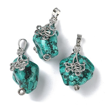 Dyed Raw Natural Magnesite Pendants, Nuggets Charms, with Rack Plating Platinum Tone Brass Findings, Turquoise, 36~38x20~23.5x17.5~24mm, Hole: 8x4.5mm and 2mm
