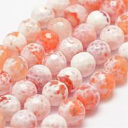 Faceted Natural Fire Crackle Agate Beads Strands, Round, Dyed & Heated, Orange, 8mm, Hole: 1mm, about 47pcs/strand, 14 inch(35.6cm)(G-F447-8mm-B03)