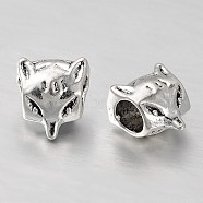 Fox Head Alloy European Beads, Large Hole Beads, Antique Silver, 10x9x7mm, Hole: 4mm(MPDL-E040-58AS)