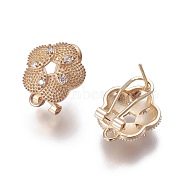 Brass Micro Pave Cubic Zirconia Stud Earring Findings, French Clip Earrings, with Loop, Flower, Clear, Golden, 18x15x12mm, Hole: 1.8mm, Pin: 0.7mm(KK-O121-14G)