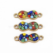 Alloy Links Connectors, with Glass Seed Beads and Rhinestone, Light Gold, Infinity, Colorful, 22x8x3.5mm, Hole: 1.8mm(PALLOY-N153-26-RS)