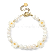 Flower Natural Pearl & Shell Beaded Bracelets for Women, with 304 Stainless Steel Finding, Golden, 7-7/8 inch(20cm)(BJEW-TA00420)