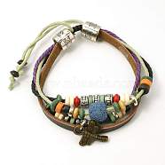 Lava Rock Beads Bracelets, Waxed Cotton Cord with Alloy Findings and Wood Beads, Steel Blue, 48mm(BJEW-D264-01)