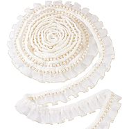 Polyester Ruffles Ribbon, with Plastic Imitation Pearl, White, 1-1/2 inch(38mm), Bead: 7mm in diameter, 4 yards/bundle(OCOR-WH0074-87)