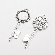 Tibetan Style Alloy Key Big Pendant Cabochon Settings, Cadmium Free & Lead Free, Antique Silver, Tray: 14mm, 52x20x2mm, Hole: 3mm, about 310pcs/1000g(TIBEP-S290-01AS-RS)