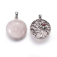 Pendentifs de quartz rose naturel, avec les accessoires en laiton et strass, demi rond avec arbre de vie et hibou, 31x27x10~11mm, Trou: 5x7mm(G-I214-E05)