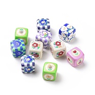 Printed Acrylic Beads, Cube with Flower & Tartan Pattern, Mixed Patterns, 14~14.5x14~14.5x14~14.5mm, Hole: 4mm(SACR-P015-01)