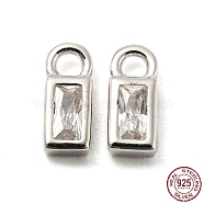 Real Platinum Plated Rhodium Plated 925 Sterling Silver Charms, with Clear Cubic Zirconia, with S925 Stamp, Rectangle, 6x2.5x2mm, Hole: 1.2mm(STER-K176-03E-P)