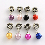 Alloy European Dangle Charms, with Round ABS Plastic Imitation Pearl, Antique Silver, Mixed Color, 31mm, Hole: 6mm(MPDL-R036-73)