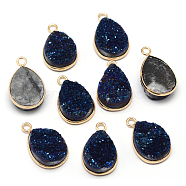 Electroplate Natural Druzy Crystal Charms, with Golden Tone Brass Findings, teardrop, Dyed, Midnight Blue, 18x12x3~5mm, Hole: 2mm(G-A124-06D)