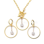 Transparent Glass Jewelry Sets, Brass Paperclip Chains Pendant Necklaces & Hoop Earrings, with Brass Linking Rings and Huggie Hoop Earring Findings, Golden, Clear, 20.67 inch(52.5cm),  37mm, Pin: 0.8mm(SJEW-JS01121-04)