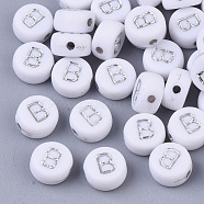 Plating Acrylic Beads, Silver Metal Enlaced, Horizontal Hole, Flat Round with Letter, White, Letter.B, 7x4mm, Hole: 1.2mm, about 3600pcs/500g.(PACR-R243-04B)