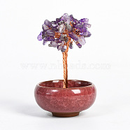 Natural Amethyst Chips Tree Display Decorations, with Random Color Porcelain Bowls, Copper Wire Wrapped Feng Shui Ornament for Fortune, 66x100~110mm(PW23051680057)