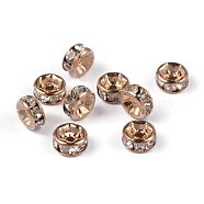 Brass Rhinestone Spacer Beads, Grade AAA, Straight Flange, Nickel Free, Light Gold Metal Color, Rondelle, Crystal, 6x3mm, Hole: 1mm(RB-A014-Z6mm-01LG-NF)
