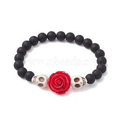 Resin and Synthetic Turquoise Bracelets, Black Agate Bracelets, Halloween Skull & Flower, White, Inner Diameter: 2-1/2 inch(6.2cm)(BJEW-JB10755-01)