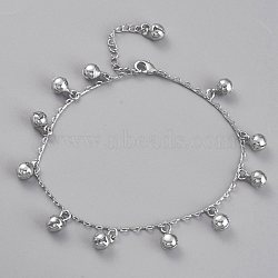 Brass Bell Charm Anklets, with Cable Chains and Lobster Claw Clasps, Platinum, 8-1/8 inch(20.7cm)(AJEW-B005-11P)