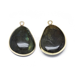 Natural Labradorite Pendants, with Brass Findings, teardrop, Golden, 30x21x8mm, Hole: 2mm(G-E526-06A)