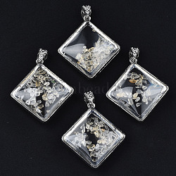 Transparent Glass Rhombus Pendants, with Citrine Chip Beads Inside and Brass Findings, Platinum, Clear, 47x43x16mm, Hole: 9mm(GLAA-S199-004)