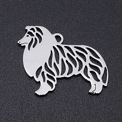 201 Stainless Steel Dog Pendants, Laser-Cut, Hollow, Rough Collie, Stainless Steel Color, 15x20x1mm, Hole: 1mm(STAS-N090-JN854-1)