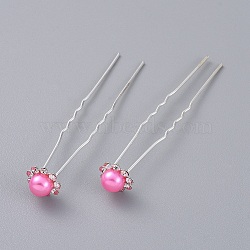 (Defective Closeout Sale), Lady's Hair Accessories, Silver Color Plated Iron Hair Forks, with ABS Plastic Imitation Pearl and Rhinestone, Flower, Pink, 72mm(PHAR-XCP0004-09)