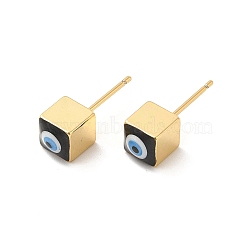 Long-Lasting Plated Cube with Enamel Evil Eye Stud Earring, Real 18K Gold Plated Brass Jewelry for Women, Black, 6x6mm, Pin: 0.8mm(EJEW-E272-01G-02)
