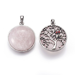 Natural Rose Quartz Pendants, with Brass Findings and Rhinestone, Half Round with Tree of Life and Owl, 31x27x10~11mm, Hole: 5x7mm(G-I214-E05)