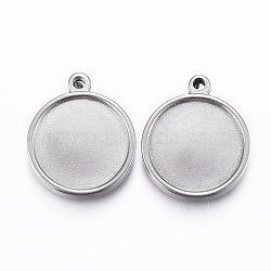 304 Stainless Steel Pendant Cabochon Settings, Flat Round, Stainless Steel Color, 21.5x18x3mm, Hole: 2mm, Tray: 15mm(X-STAS-H416-05A)