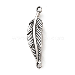 304 Stainless Steel Connector Charms, Feather Links, Antique Silver, 39x9.5x2.5mm, Hole: 2~2.5mm(STAS-L284-01AS)