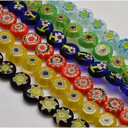 Handmade Millefiori Glass Flat Round Bead Strands, Single Flower Design, Mixed Color, 8x4mm, Hole: 1mm, about 53pcs/strand, 14.7 inch(LK-P011-M)