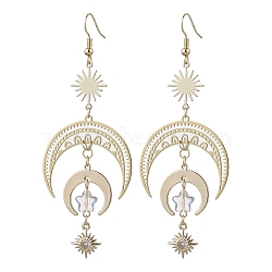 Moon & Sun Brass Dangle Earrings, Glass Star Long Drop Earrings, Golden, 89x33.5mm(EJEW-TA00407)